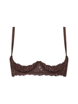 A brown quarter cup bra with chocolate silk underwires and mocha embroidery, adjustable silk-covered straps, and golden hardware.