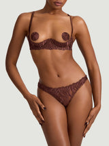 Tamia Quarter Cup and Open Knicker set in mocha-colored bespoke embroidery and silk bound strapping, featuring scalloped edges, shown on model
