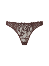 Tamia Skirted Thong with mocha-colored bespoke embroidery and silk bound strapping, featuring a scalloped edge