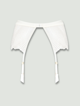 Back cut out image of ivory suspender belt, showing scallop edge embroidered detailing across the back, with two silk adjustable straps attached