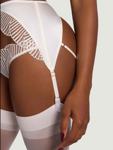 Model wears a UK size S/M in the ivory open suspender knickers with an embroidered scallop edge, ivory hold ups attached by silk straps