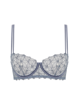 Coco de Mer Esme balcony bra. Features powder blue silk finishes and geometric floral embroidery throughout.