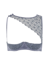 Coco de Mer Esme quarter cup bra in powder blue silk. Geometric floral embroidery placed asymmetrically across the bust.