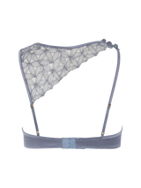 Back view of the Coco de Mer Esme Quarter Cup bra. Powder blue silk and geometric floral embroidery. Features an Asymmetric design and silk covered buttons.