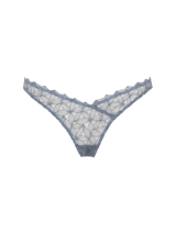 Coco de Mer Esme V- front skirted thong in powder blue. Made from geometric floral bespoke embroidery.