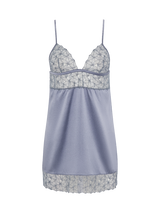 Coco de Mer silk slip dress. With Powder blue silk and geometric floral inserts at the bust and hem.