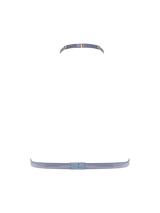 Back view of the Coco de Mer Esme soft cup halter bra in powder blue silk and bespoke embroidery.