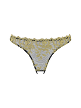 Black open knicker with rose design gold embroidery across the material with a scallop edge detailing from the front on a clear background