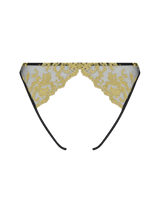 Black open knickers with rose design gold scallop edge embroidery on a clear background from the back