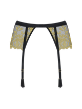 Black suspender belt with rose design gold embroidery scallop edge detailing with black silk straps on a clear background from the back