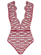 A red scalloped Leaver's lace bodysuit with a plunging scallop edge neckline, eyelash trim, and a red silk waistband, designed in London and made in Portugal.