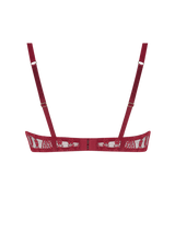 A red quarter cup bra featuring details of scallop edged Leaver's Lace lining a silk covered quarter cup and silk straps with a hook and eye closure at the spine.