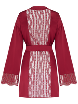 The back of a red silk robe. There is a panel of red French leaver's lace down the length of the centre back and at the bottom of the cuffs of the sleeve. At the waist there is a red silk tie.