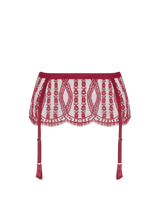A red French Leavers lace suspender belt featuring a scalloped edge along the bottom and a red silk waistband at the top. There are two suspender clips at both the front and the back in the centre of each leg.