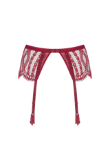 A red French Leavers lace suspender belt featuring a scalloped edge along the bottom and a red silk waistband at the top. There are two suspender clips at both the front and the back in the centre of each leg and an adjustable closure at the back.