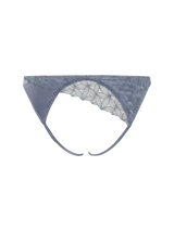 Back view of the Coco de Mer Esme Open Knickers. Powder blue silk and sheer floral embroidery asymmetrically placed across the open back.