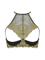 Black underwire quarter cup bra with gold rose embroidery detailing across the chest, with scallop edge embroidery shown on a clear background from the front