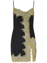 black silk slip with gold rose embroidery detailing across the chest and down the front into a slit on the thigh, embroidery then continues throughout the hem