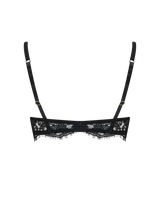 A black Coco de Mer Hera Balcony Bra with intricate Leaver's lace detailing and silk straps