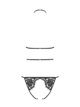 A black Coco de Mer Hera Open Playsuit with intricate French Leaver's lace and silk straps, featuring gold sliders to make it fully adjustable