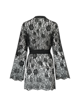 A black Leaver's lace robe with scalloped hem and sleeves, featuring a jet black silk tie.