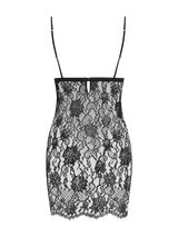 A black, French Leaver's lace slip dress with triangle cups, delicate eyelash edging, and silk straps