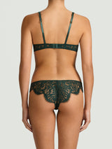 Isara brazilian knicker in deep green lace with scalloped edges that graze over the cheeks paired with Isara drop plunge bra.