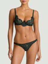 Isara Brazilian knicker in deep green lace with scalloped edges that graze over the cheeks, paired with Isara plunge bra as shown on the model.