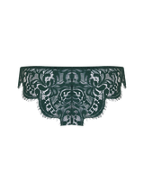 Isara brazilian knicker in deep green lace with scalloped edges that graze over the cheeks