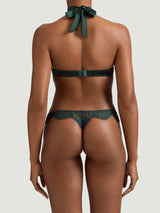 Isara deep green lace halter bra with silk scalloped lace up to the neck and an ouvert underwire design paired with Isara open thong.