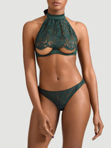 Isara deep green lace halter bra with silk scalloped lace up to the neck and an ouvert underwire design paired with Isara open thong.