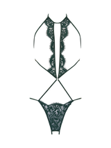 An open playsuit with delicate green lace and silk straps, featuring an open design.