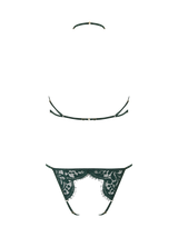 An open playsuit in forest green featuring delicate lace and silk straps, featuring an open design for the breasts and the bum.