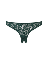 Coco de Mer Isara Open Thong with deep green scalloped lace and two opening panels of rich green silk.