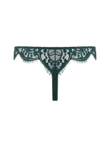 Coco de Mer Isara Open Thong with deep green scalloped lace and two opening panels of rich green silk.