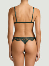 Coco de Mer Isara Open Thong with deep green scalloped lace and two opening panels of rich green silk.