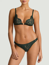 Coco de Mer Isara Open Thong with deep green scalloped lace and two opening panels of rich green silk, paired with Isara Triangle Bra for a luxury set.