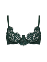 Isara rich green lace plunge bra with a drop cup design, featuring silk-covered adjustable straps, silk binding, and golden hardware.