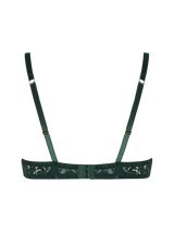 Isara rich green lace plunge bra with a drop cup design, featuring silk-covered adjustable straps, silk binding, and golden hardware.