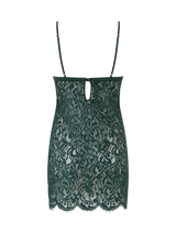 A forest green Coco de Mer Isara slip dress made of lace, featuring adjustable straps, delicate scallops, and a button fasting on the back.