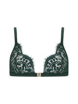 Isara deep green lace triangle bra with delicate eyelash scallop trim, a silk underband, adjustable silk shoulder straps, and golden hardware.