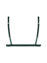 Isara deep green lace triangle bra with delicate eyelash scallop trim, a silk underband, adjustable silk shoulder straps, and golden hardware.