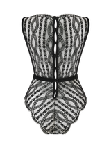 A black scalloped Leaver's lace bodysuit with a boat neckline, eyelash trim, and velvet buttons down the spine, designed in London and made in Portugal.