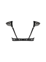 A black quarter cup bra featuring scalloped caps of Leaver's Lace and velvet straps with a golden hook and eye closure at the spine.