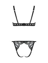 An intricate black French Leaver's lace playsuit with velvet accents, featuring a plunge bra shape, open crotch, and adjustable straps.