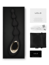 Lelo Soraya vibrating anal beads in silky soft black silicone are displayed in a luxury package to show the contents