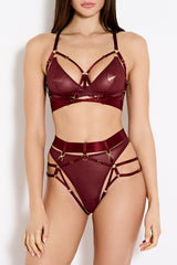 Front image of Model wearing a UK size M in the morello harness brief with high waist strap, shown with mesh knickers underneath, gold attachments connecting to the harness straps over the legs and waist with gold ring detailing centrally on the front paired with the Multiway bodice bra in Morello
