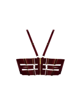 Back image of morello bodice from the back, showing three bands across the back with gold sliders and a central gold zip attached to the back with gold rings, with two over the shoulder straps