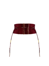 Back cut out image of morello waist cincher with mesh adjustable suspenders attached, large gold sliders across the back of the waist band with gold ring detailing across the waist