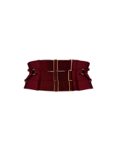 Back cut out image of morello waist cincher with large gold sliders and gold rings across the waist